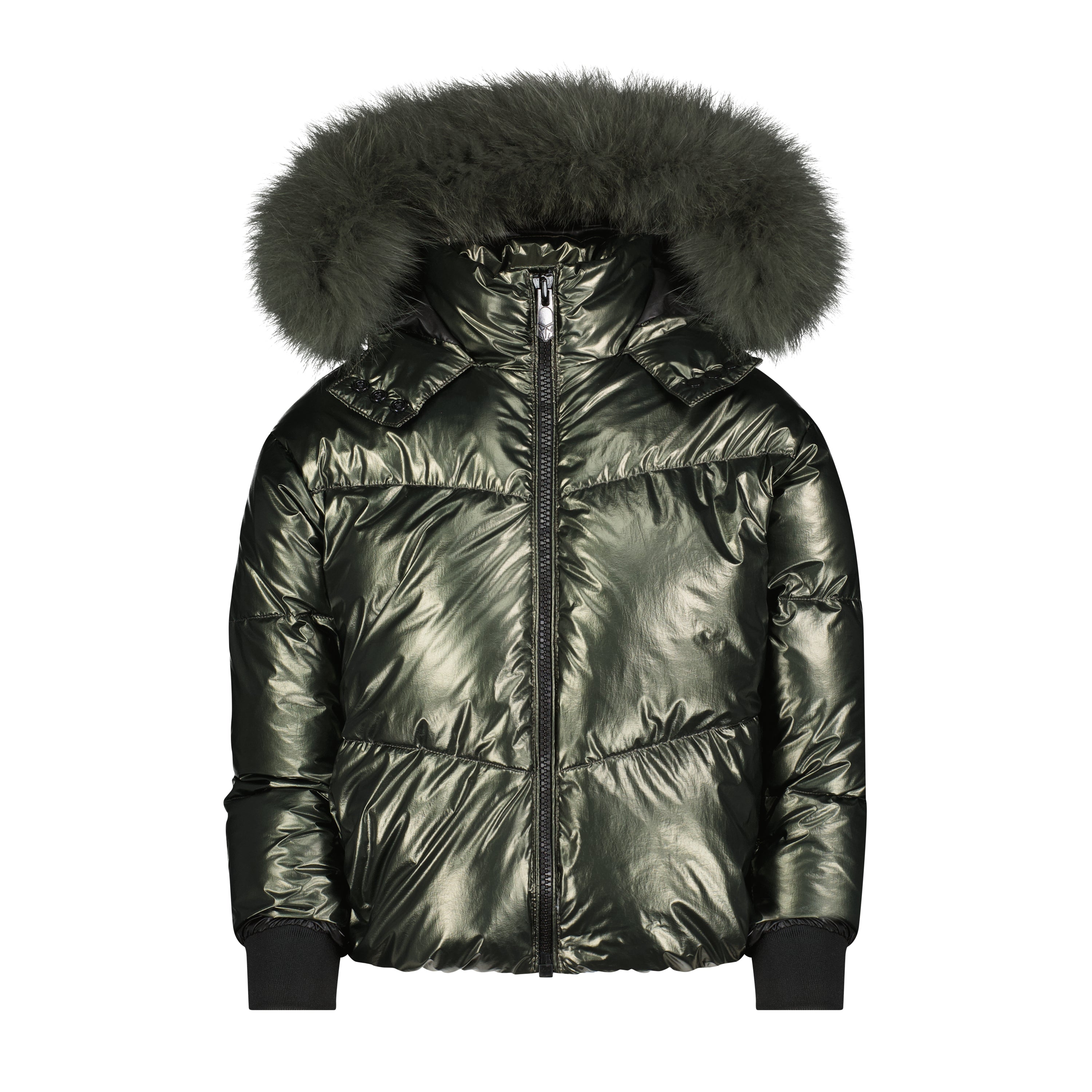 The Minneapolis Mint coat featuring vibrant green color and luxurious racoon fur trim, designed for warmth and style.