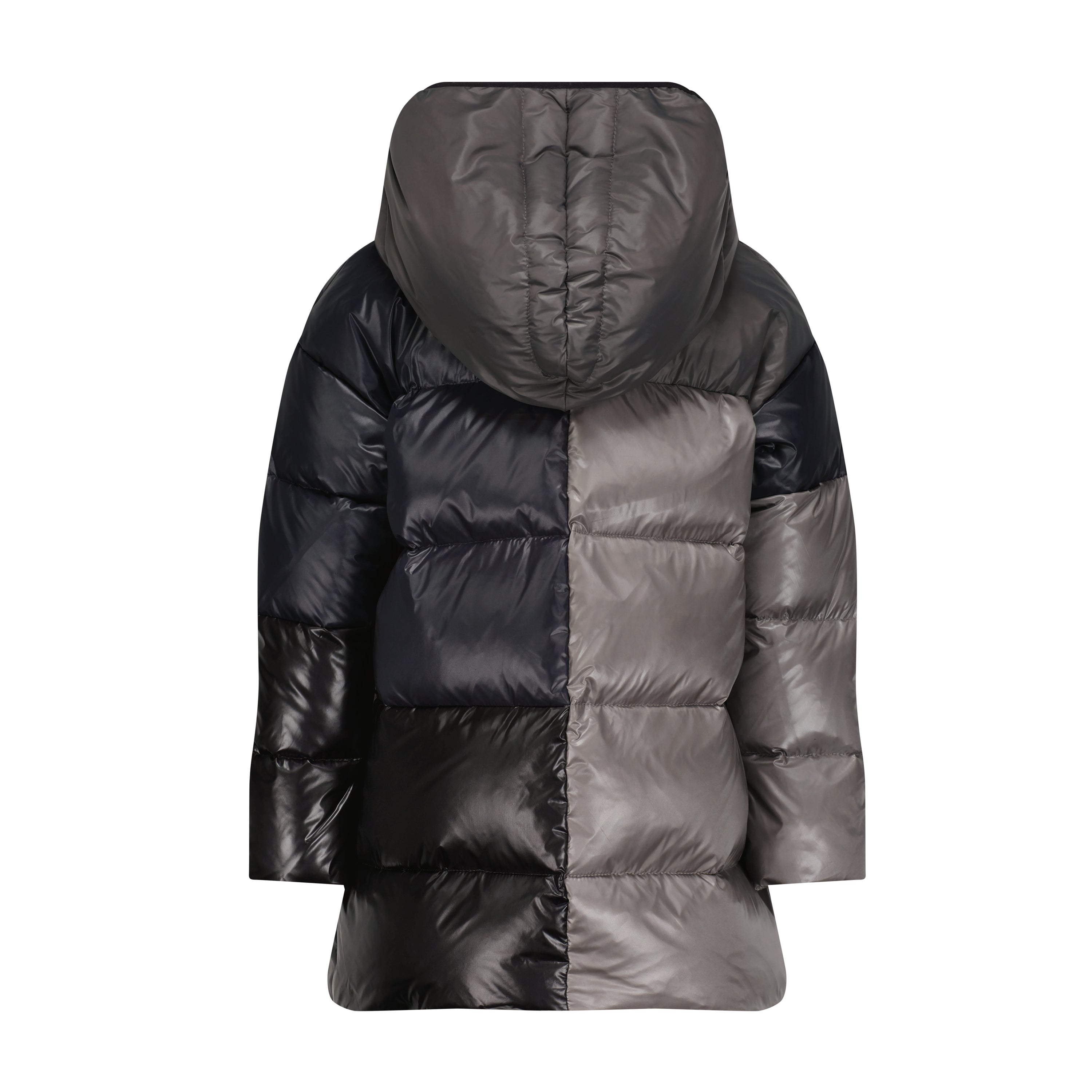 The Misty Mirage long puffer coat featuring a color block design in black, navy, and grey with a high collar and hood.