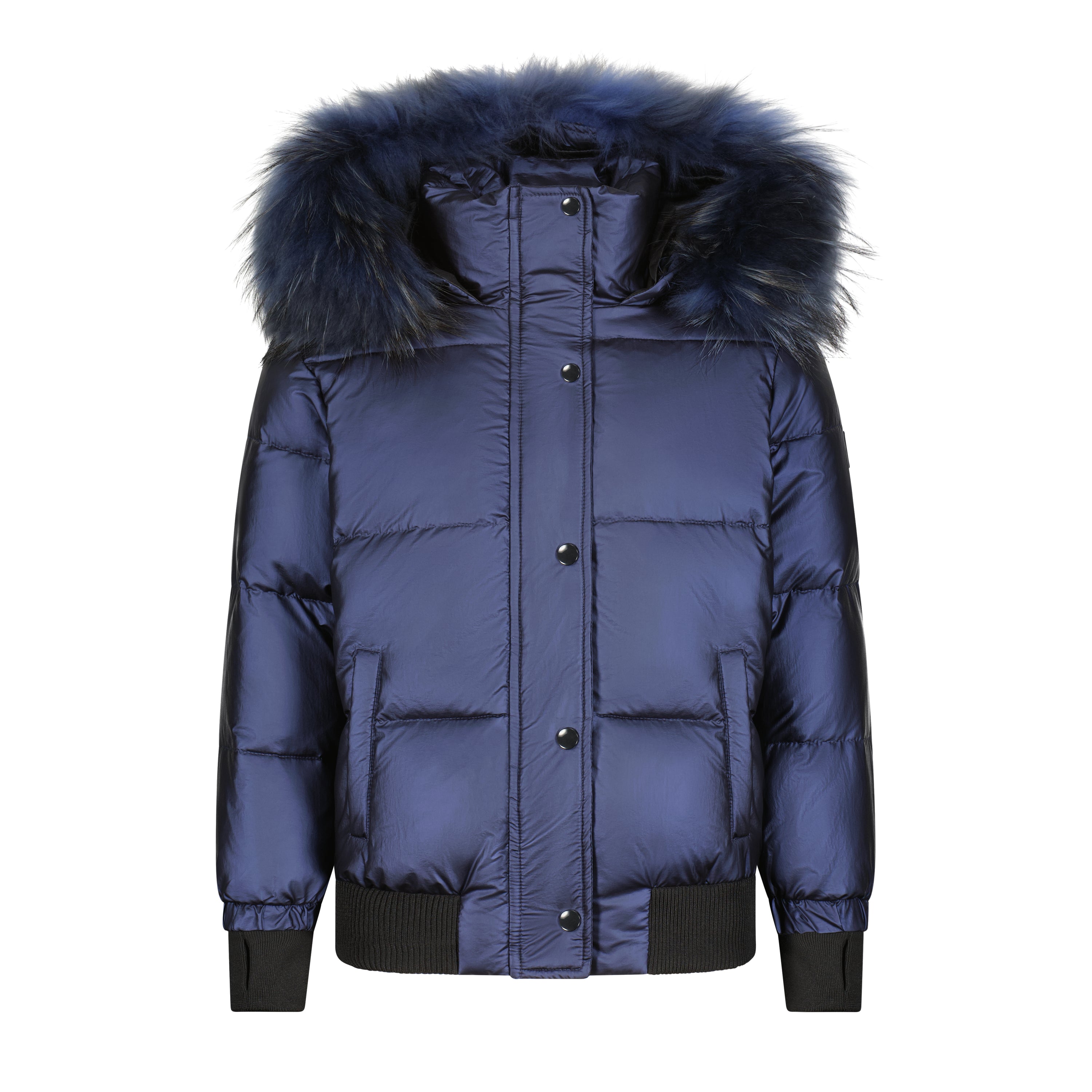 The River Wye unisex coat in navy with fur trim, showcasing a stylish design with black speckles.
