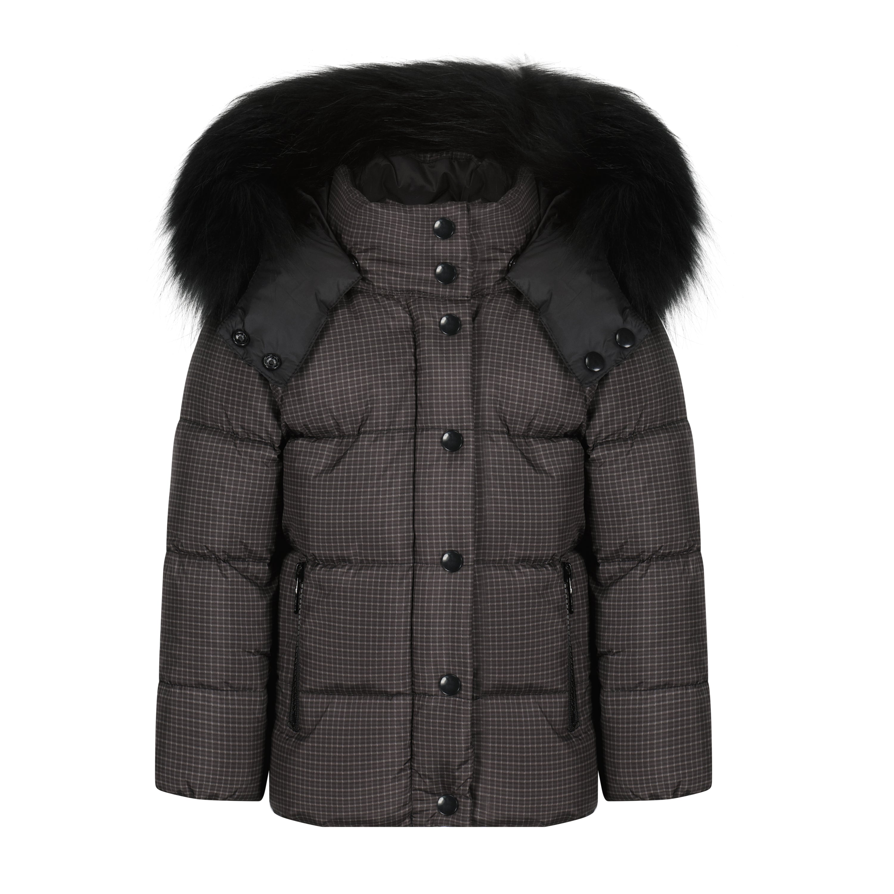 Stylish black coat for boys with plush raccoon fur hood and white design accents.