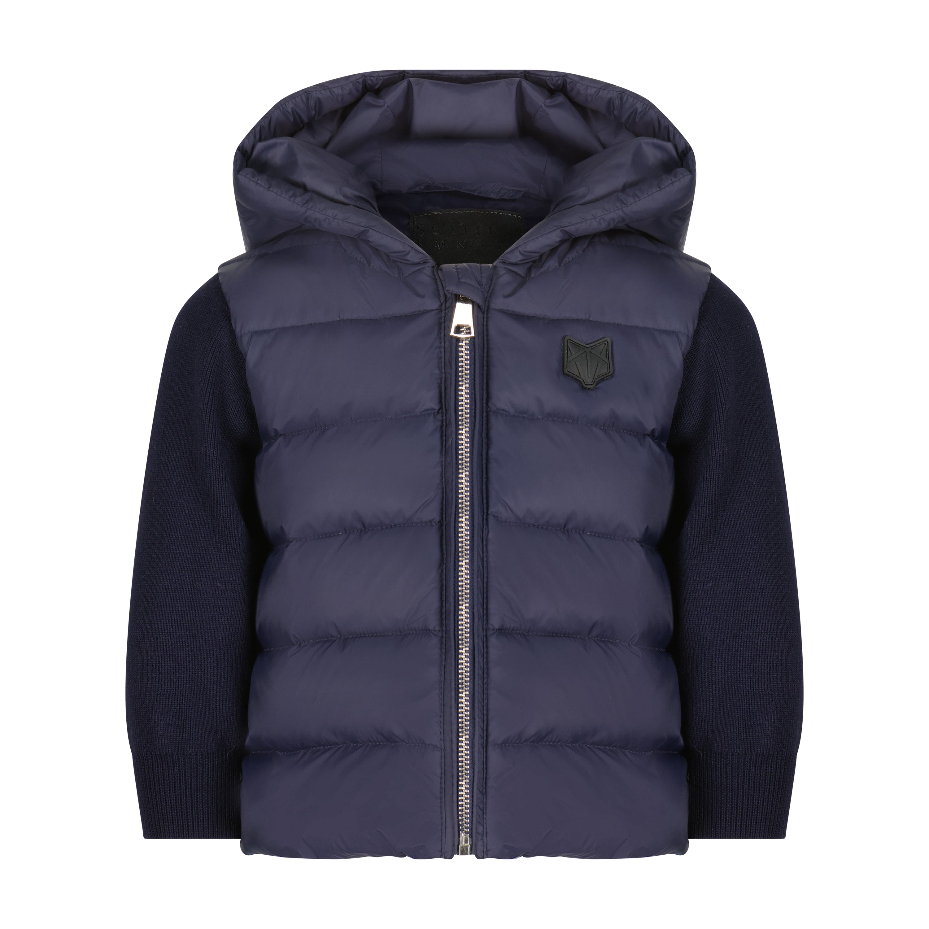 The Sullivan Navy Jacket featuring cozy knit sleeves, high collar, and hood, designed for boys, perfect for in-between weather.