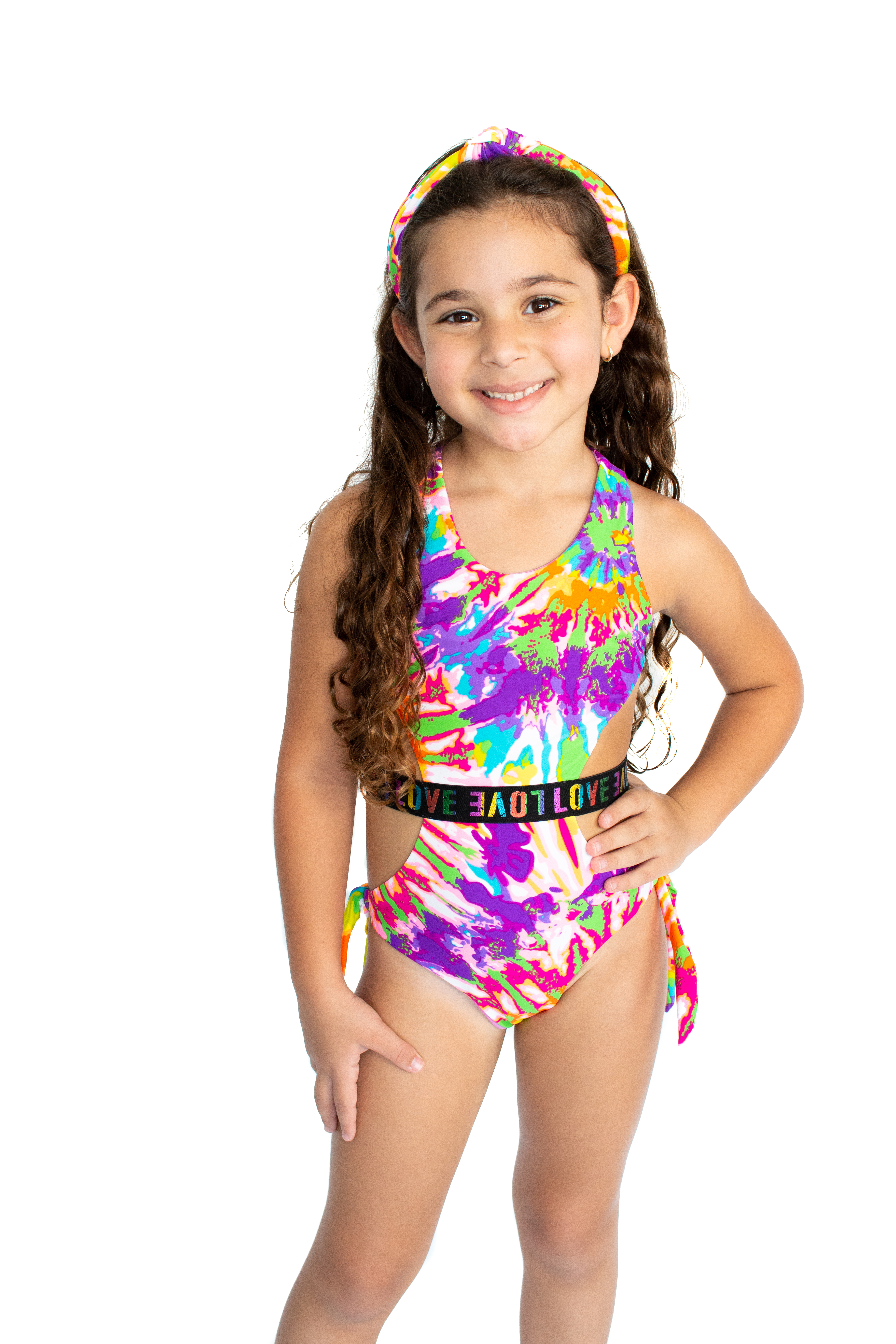 Colorful Tie Dye Love Trikini Swimsuit for kids, featuring vibrant patterns and stylish design.