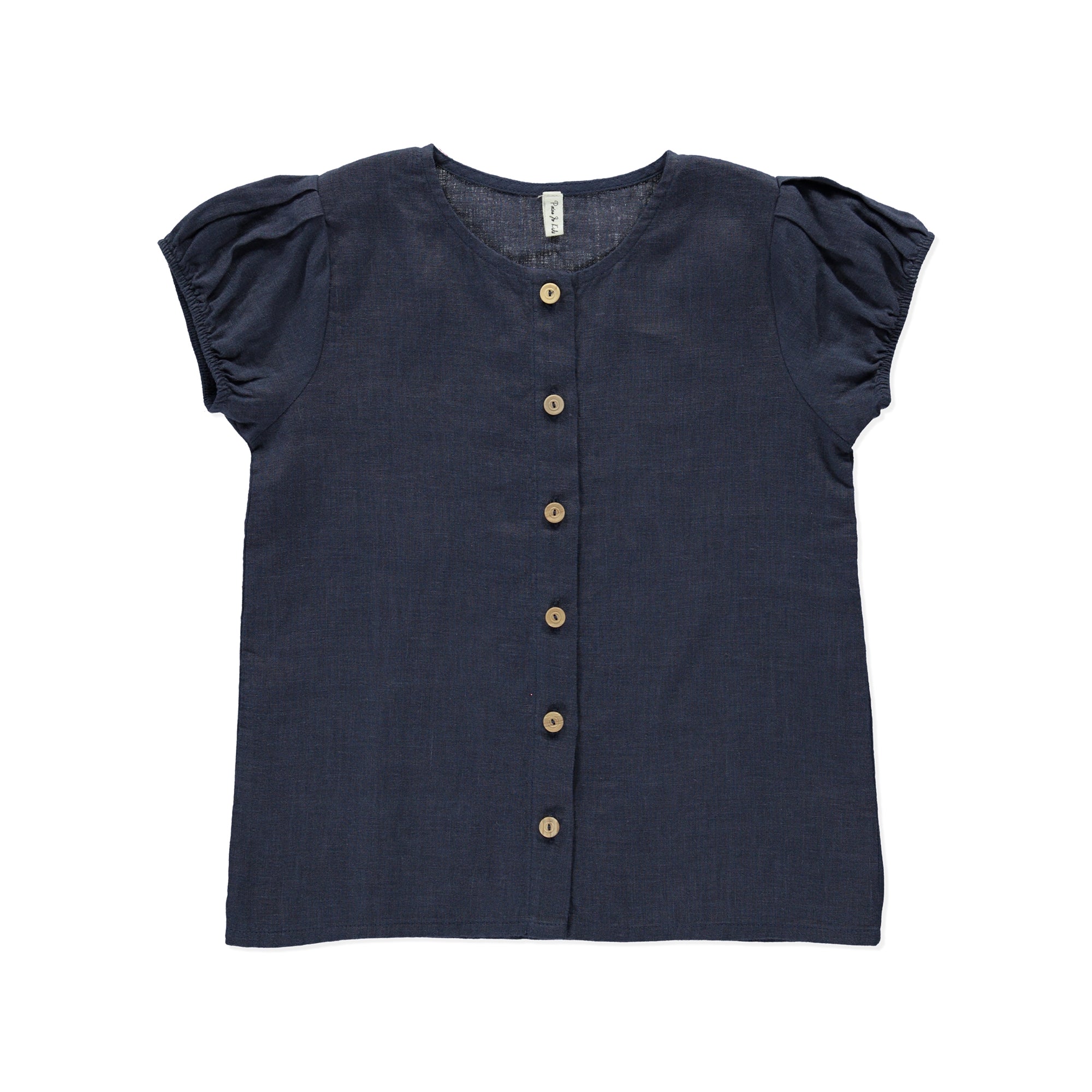 Top Gerbera Blue featuring balloon sleeves and olive wood buttons, made from soft breathable linen.