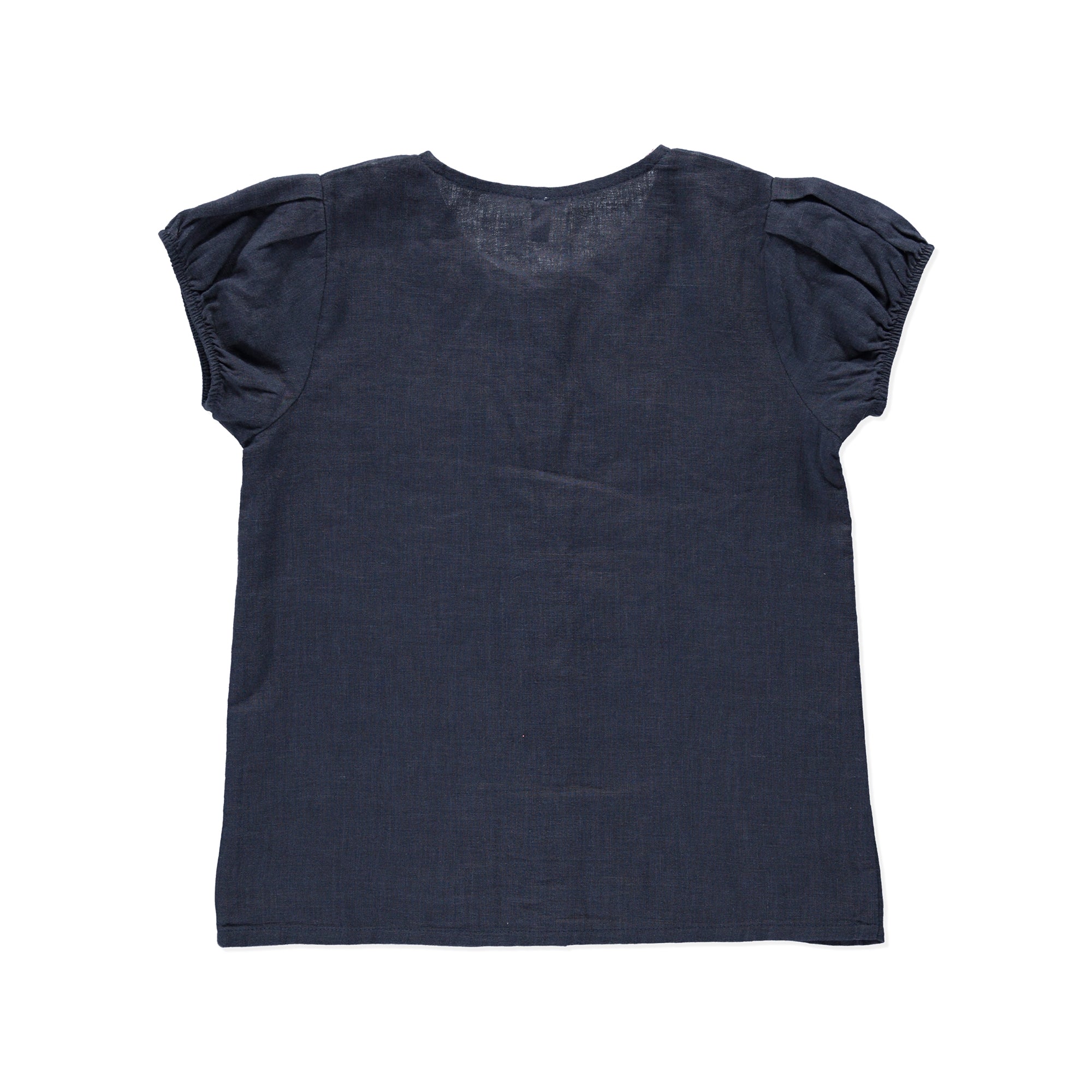 Top Gerbera Blue featuring balloon sleeves and olive wood buttons, made from soft breathable linen.