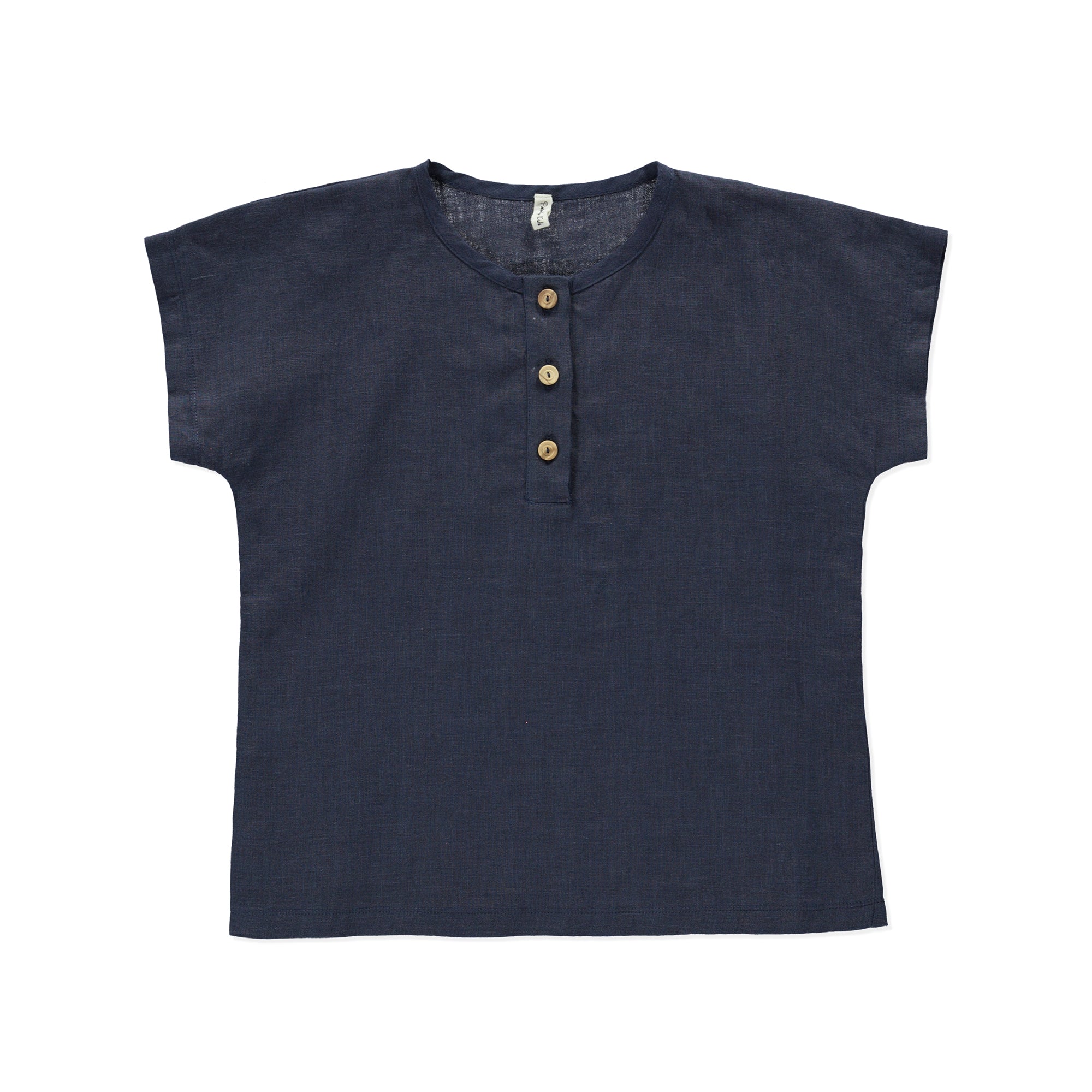 Top Marigold Blue, a casual boxy linen top with olive wood buttons, in vibrant blue color.