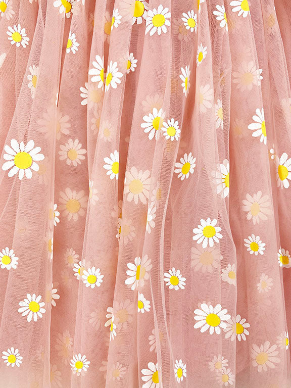 A charming pink tulle daisy dress featuring an A-line silhouette, elastic chest, and rouched straps, perfect for summer parties.
