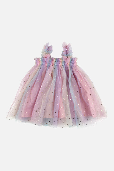 A beautiful tulle dress featuring a moon and stars print with a gradient of pastel colors including pink, purple, teal, and yellow.