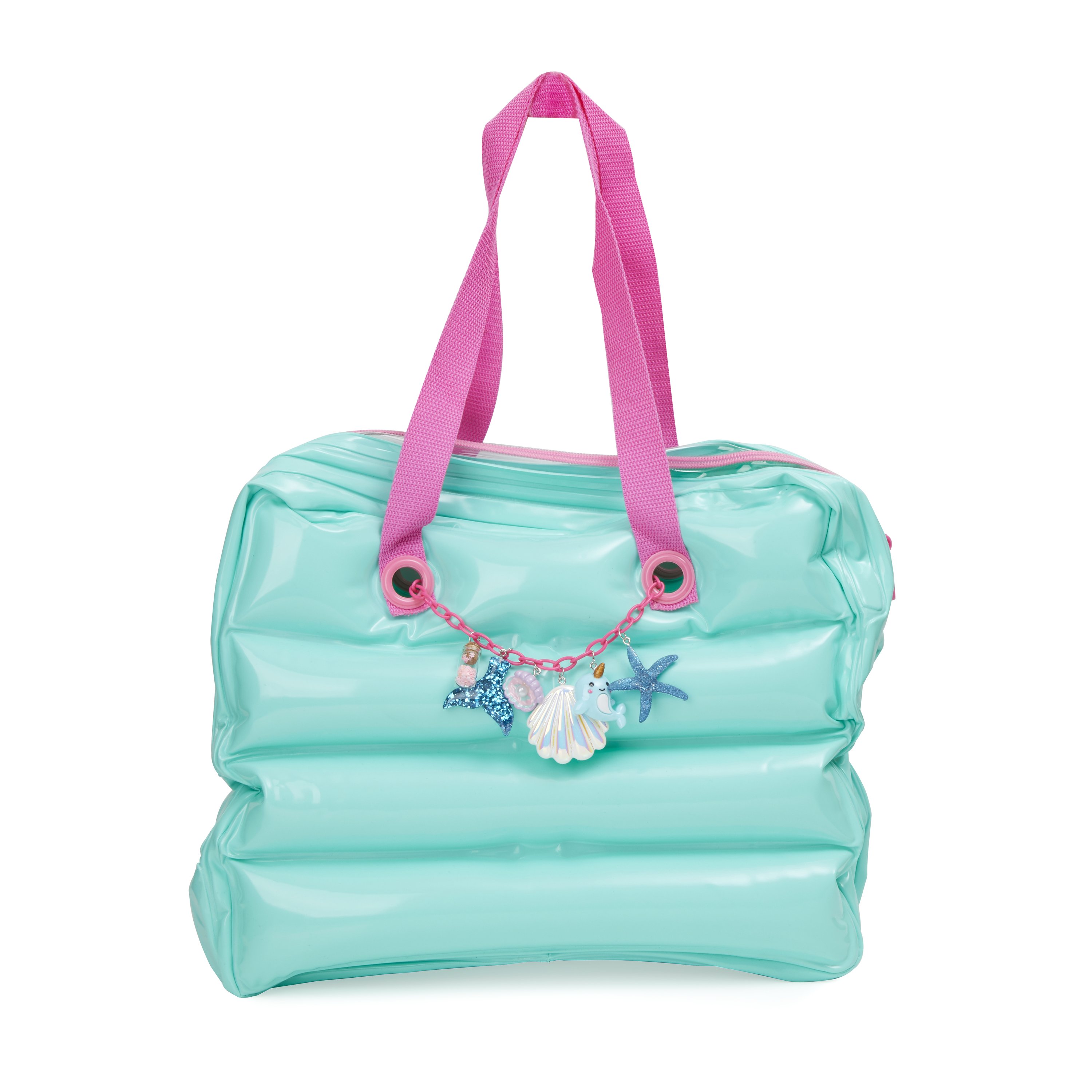 Turquoise inflatable beach and pool bag for girls, featuring a stylish design perfect for summer outings.