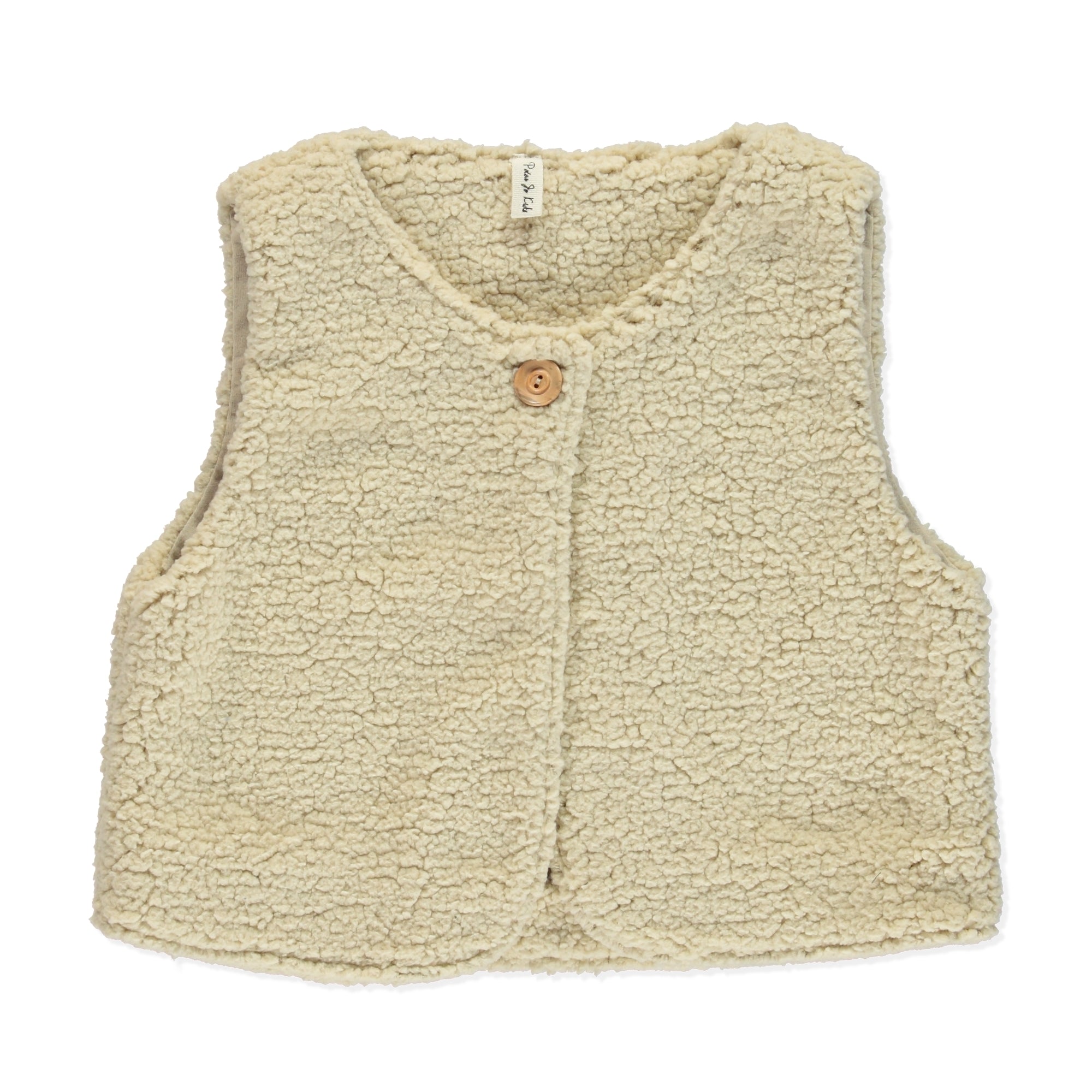 A stylish Vest Miami Cream for girls, featuring a sleeveless design, round neck, and olive wood button closure, made from soft sherpa fabric.