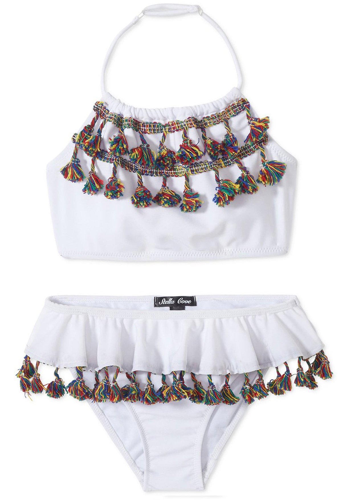 A stylish white bikini featuring vibrant multicolor tassels, perfect for summer beach outings.