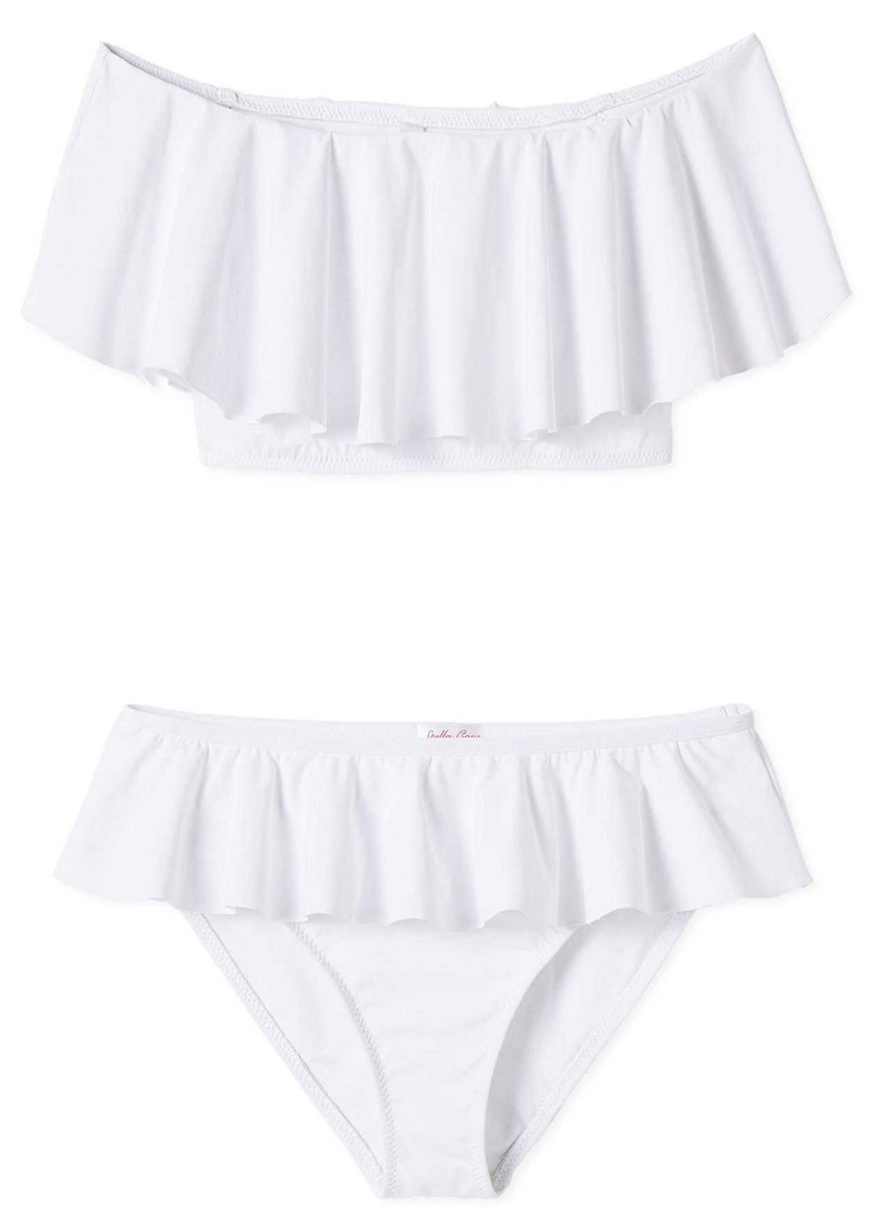 A stylish white draped bikini for girls, featuring a versatile design that can be worn on or off the shoulders, made from high-quality fabric.