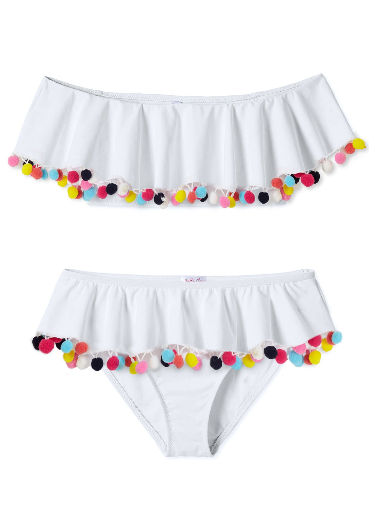 A stylish white bikini with draped design and multicolor pom poms, perfect for beach outings.