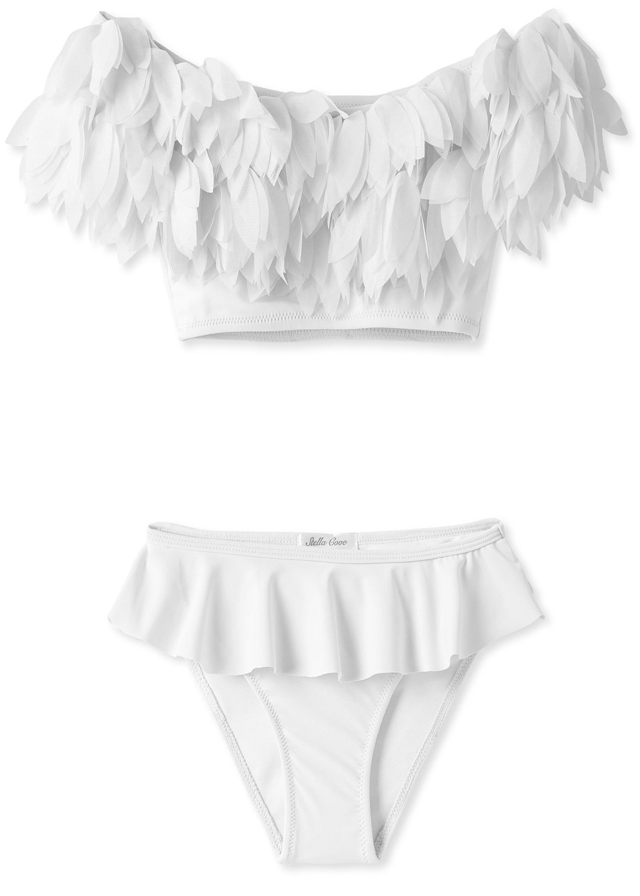 A stylish white draped bikini adorned with delicate white petals, perfect for girls, inspired by Swan Lake.