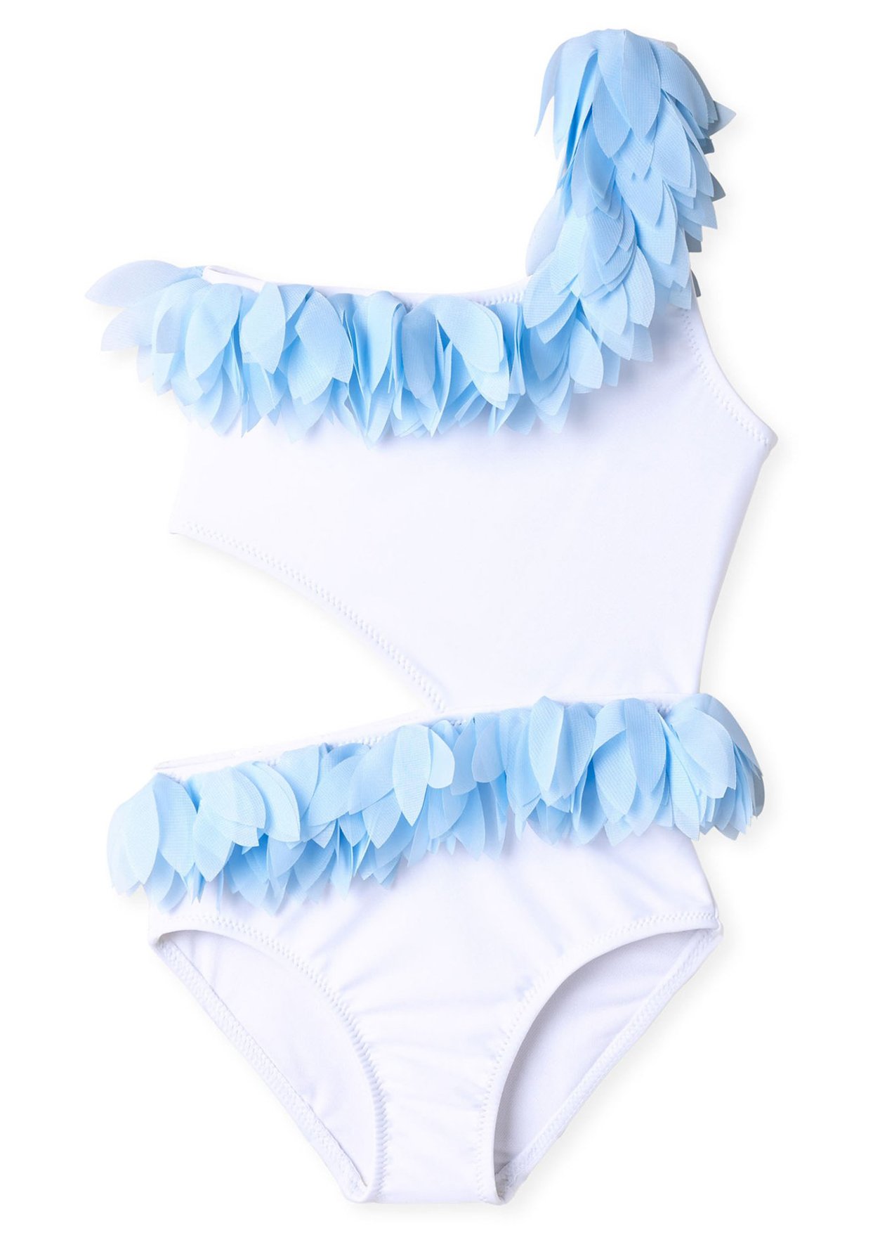White side cutout swimsuit featuring baby blue chiffon petals trim, perfect for beachwear.