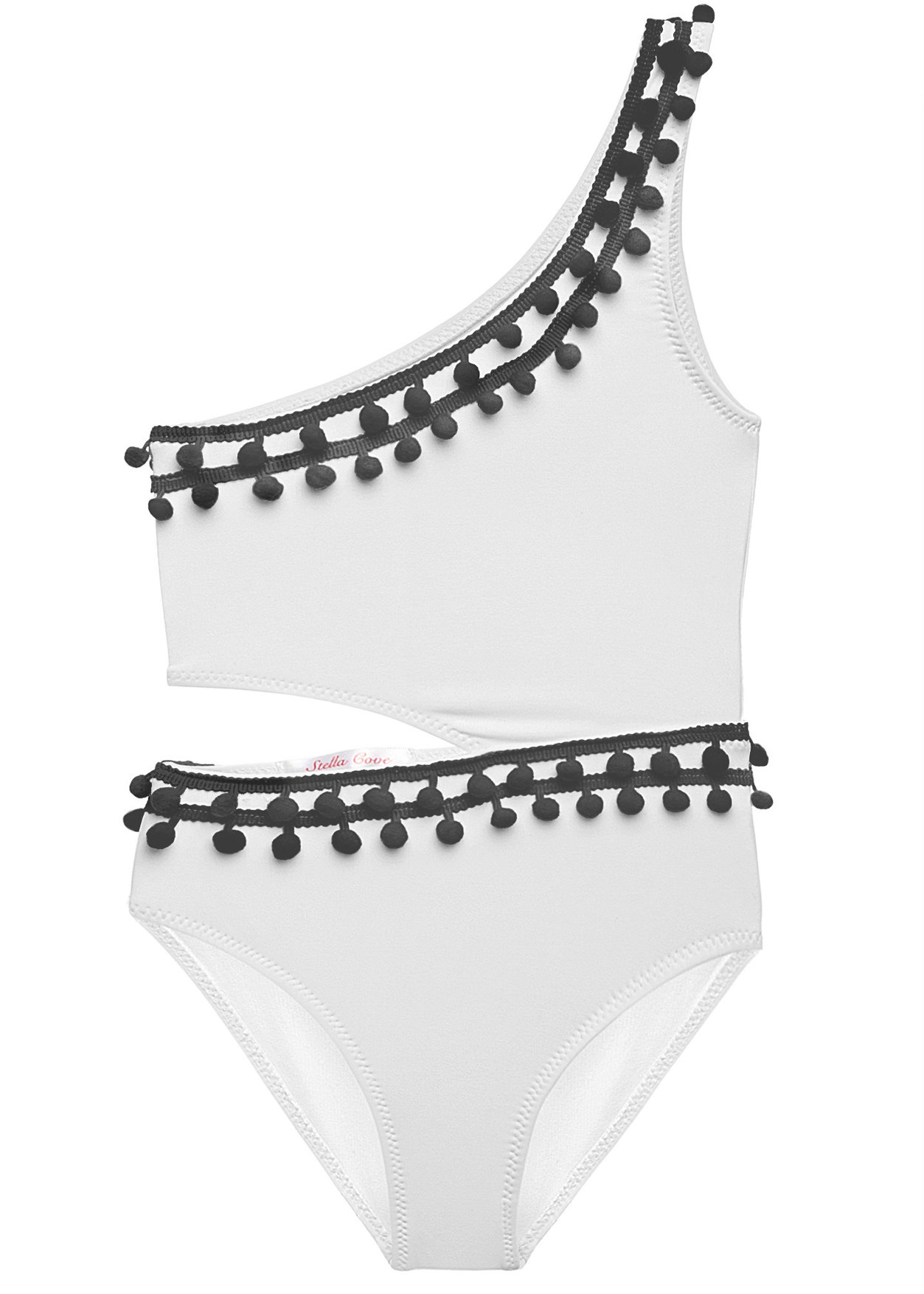 A stylish white side-cut swimsuit featuring playful black pom poms, perfect for girls at the beach.