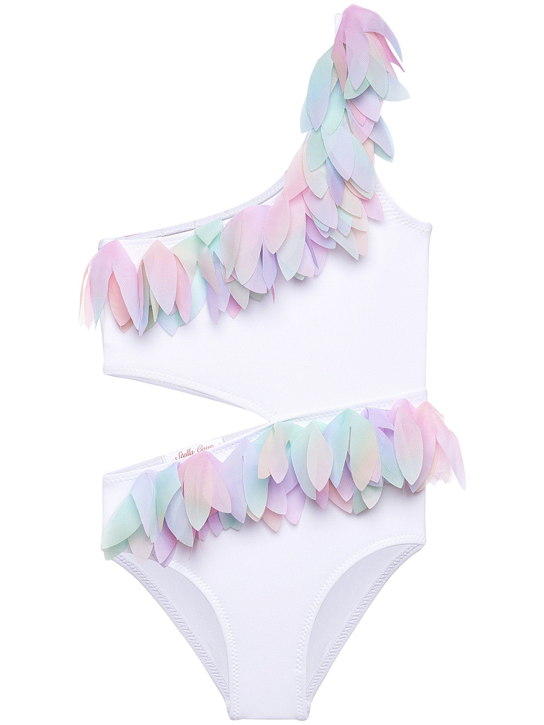 White side-cut swimsuit featuring colorful mermaid chiffon petal details, perfect for girls' summer wear.