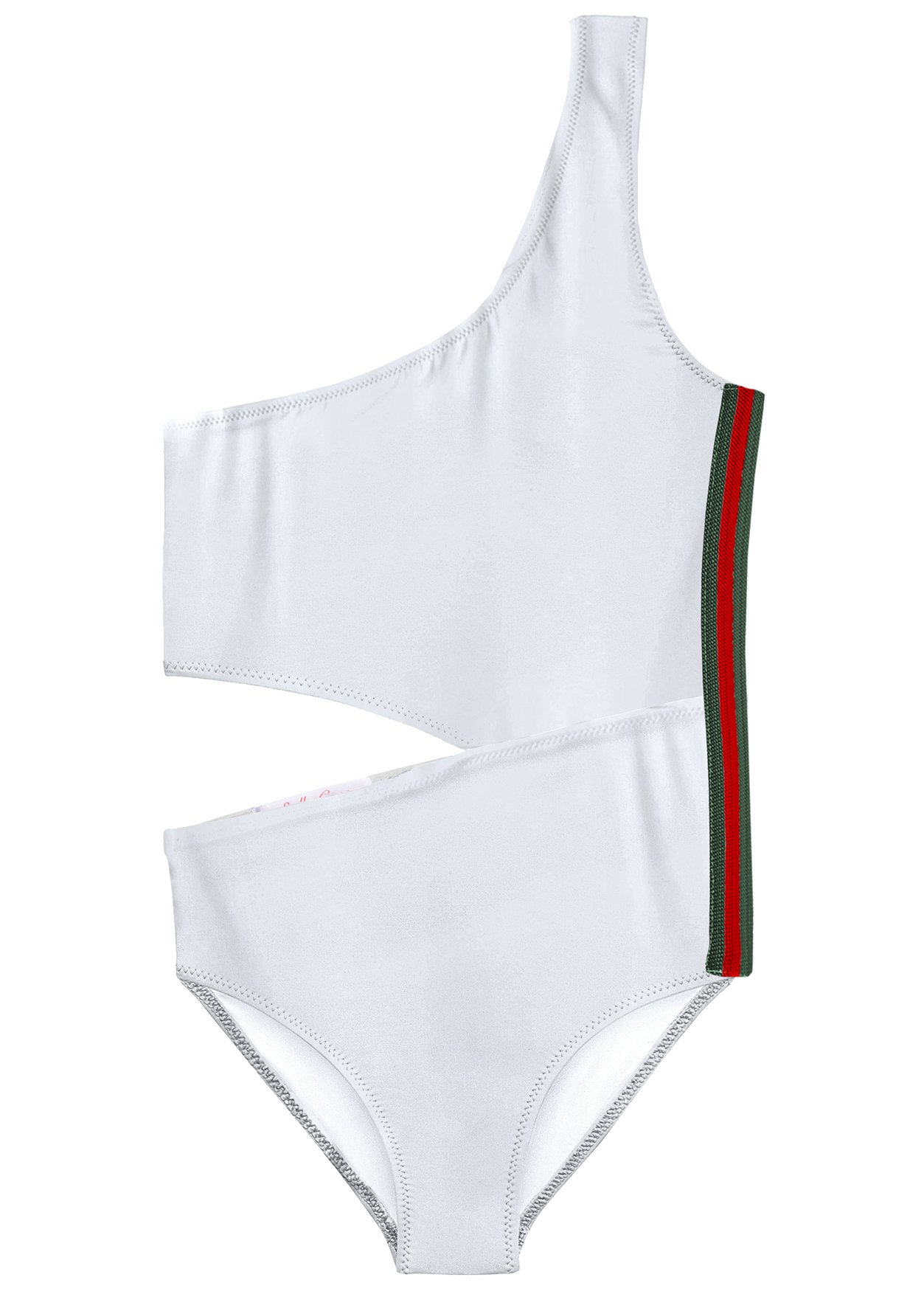 A sporty white swimsuit featuring side cuts and a stylish stripe, perfect for beach outings.