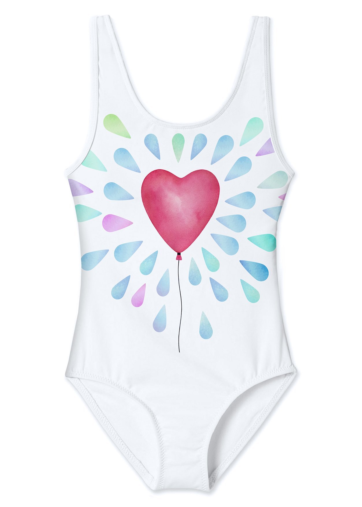 White tank swimsuit for girls featuring a colorful heart balloon print, perfect for summer activities.