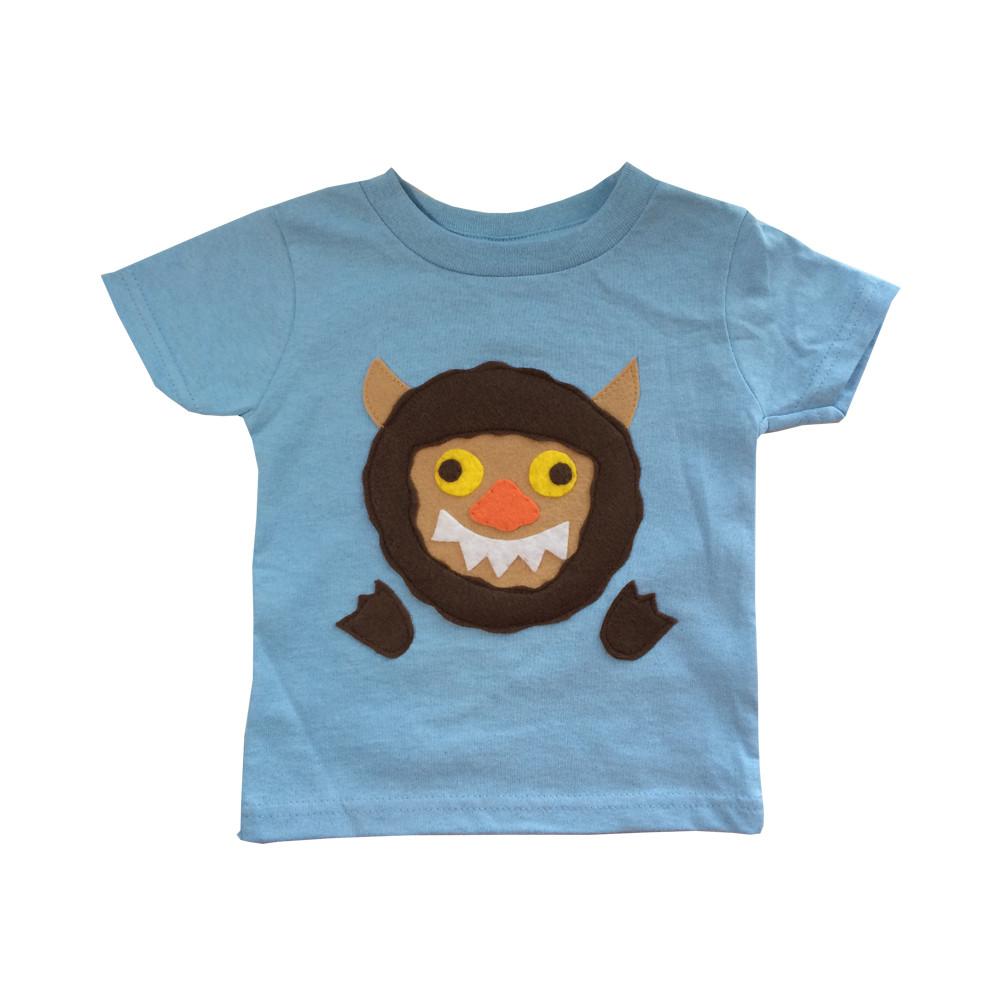 Light blue Wild Monster Kids T-Shirt with appliquéd felt design, perfect for boys and girls.