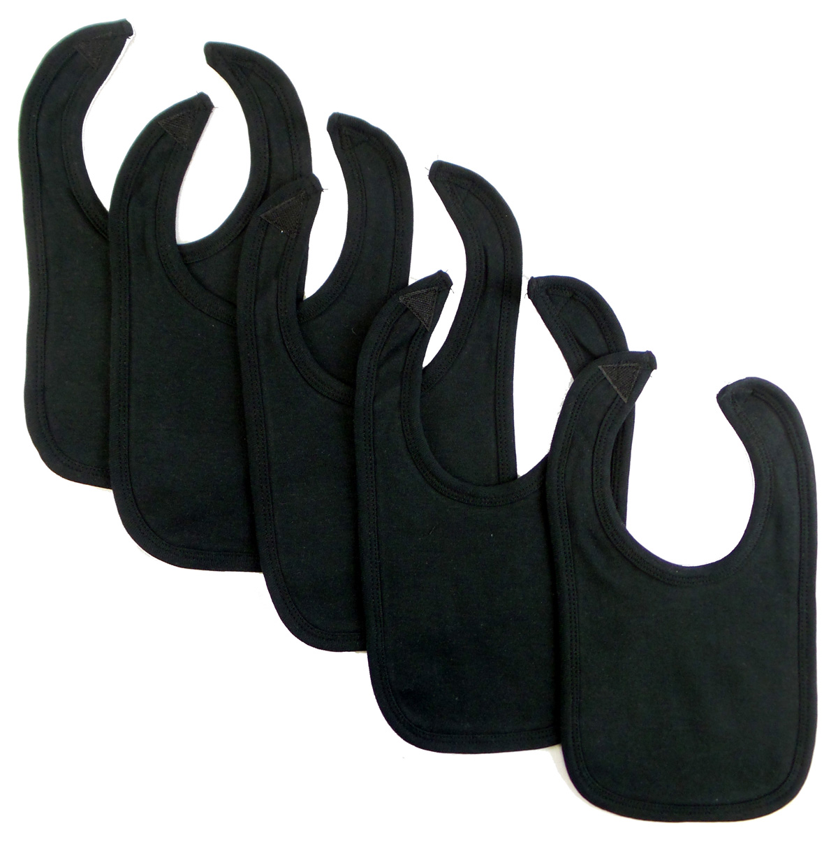 A pack of five black interlock infant drool bibs with Velcro closure, designed for babies to prevent spills and drooling.