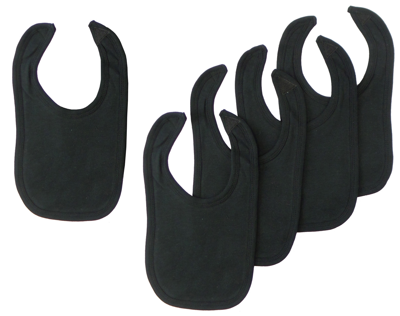 A pack of five black interlock infant drool bibs with Velcro closure, designed for babies to prevent spills and drooling.