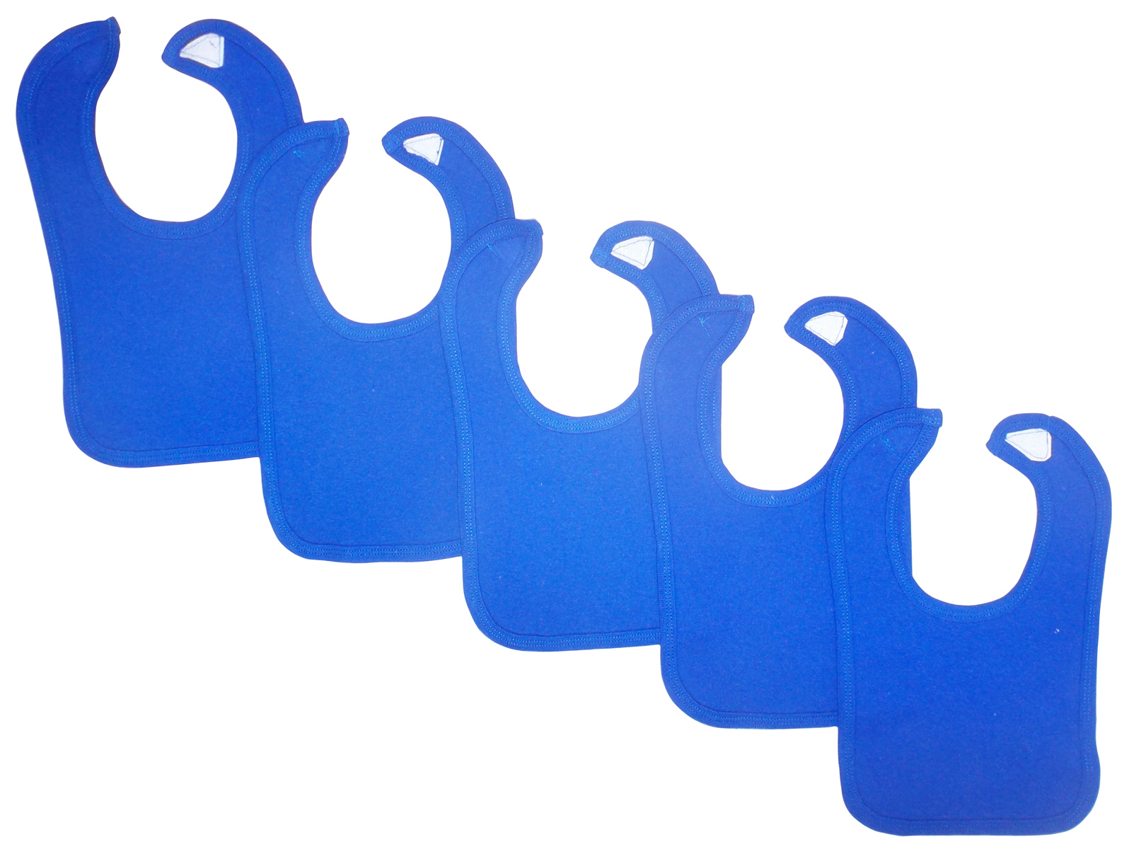 A pack of 5 blue baby bibs featuring Velcro closures, designed for infants to protect clothing from drool and spills.