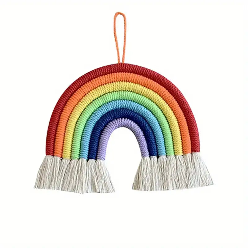 Handwoven Nursery Macrame Wall Hanging featuring a colorful rainbow design made from durable cotton rope, perfect for children's rooms.