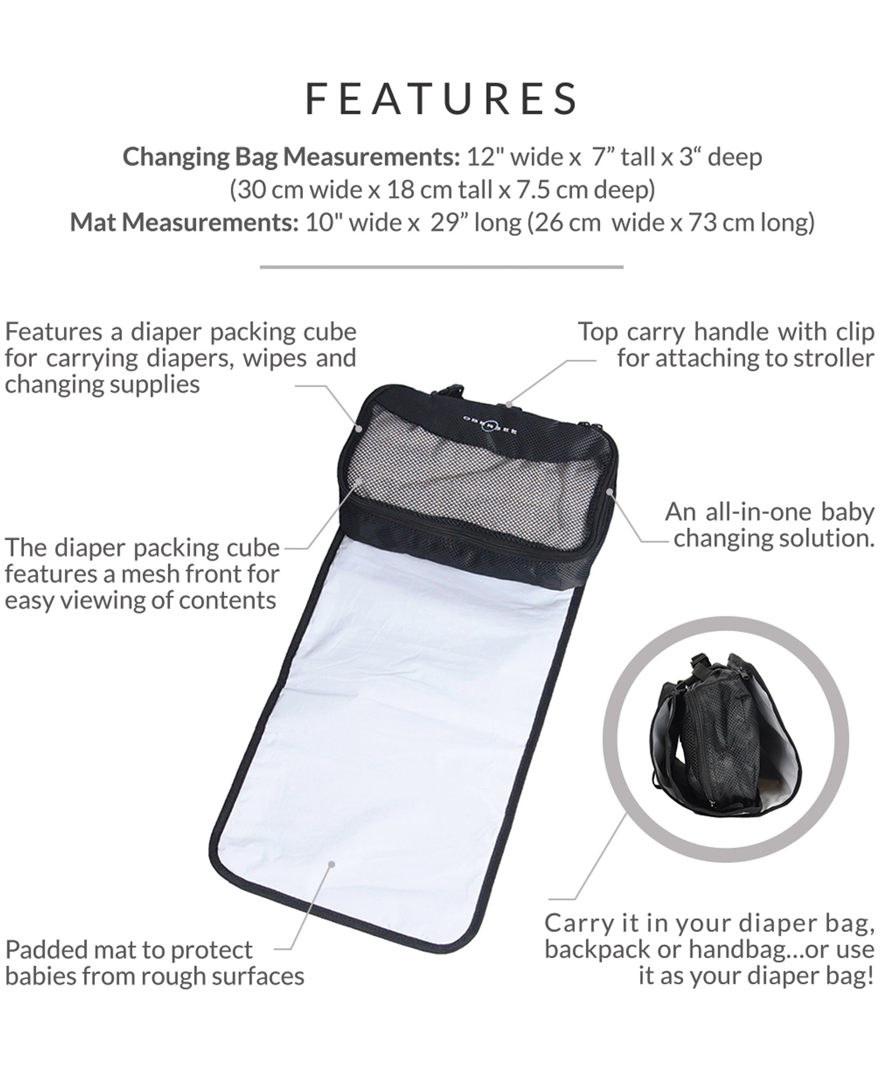 Obersee Diaper Bag Organizer Changing Station with large padded changing mat and diaper packing cube, designed for convenient diaper changes.