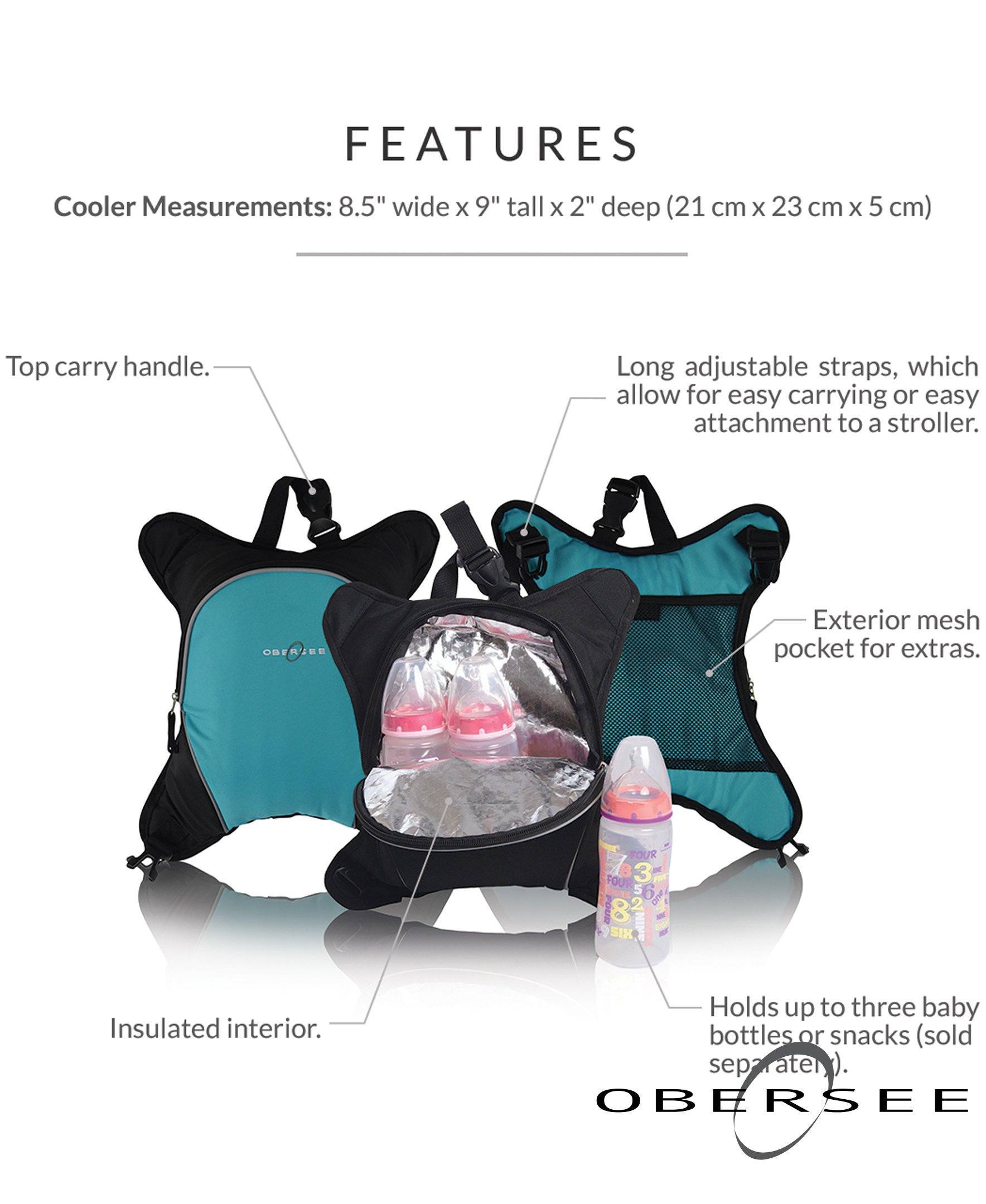 Obersee Travel Baby Bottle Cooler Bag in various colors, featuring adjustable straps, exterior pocket, and insulated interior for keeping baby bottles cool.