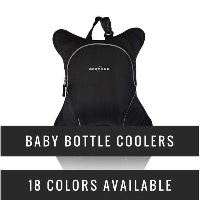 Obersee Travel Baby Bottle Cooler Bag in various colors, featuring adjustable straps, exterior pocket, and insulated interior for keeping baby bottles cool.