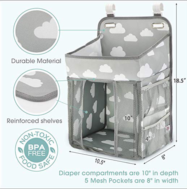 Portable Baby Crib Organizer Bed Hanging Bag in a nursery setting, showcasing its compartments for baby items.