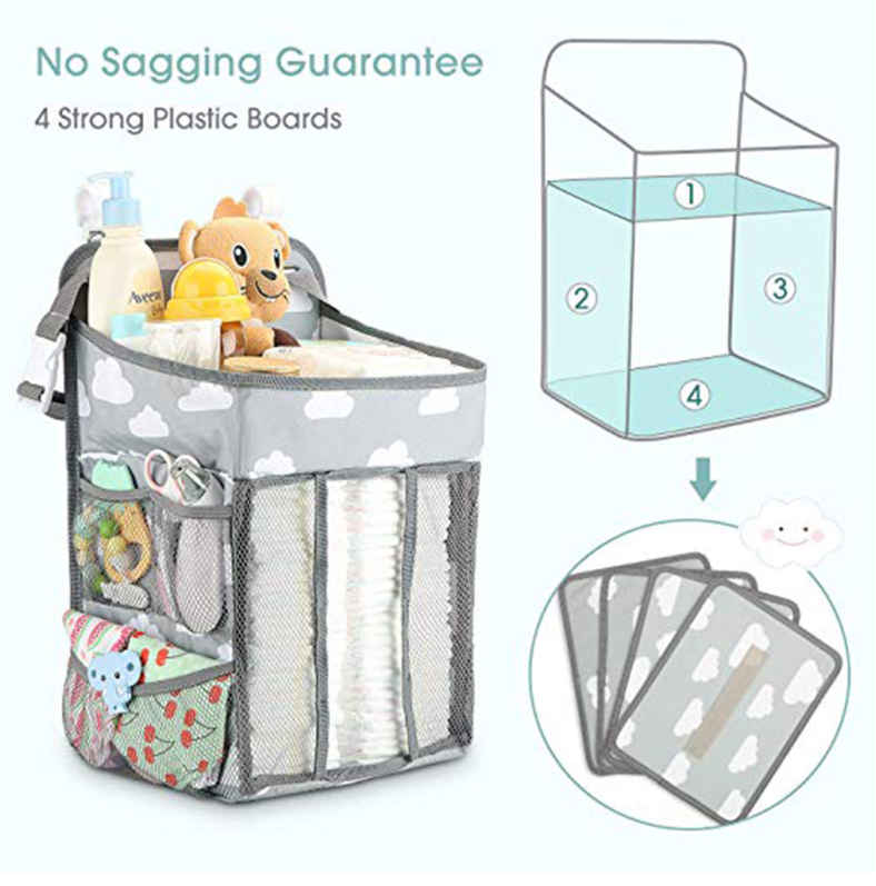 Portable Baby Crib Organizer Bed Hanging Bag in a nursery setting, showcasing its compartments for baby items.