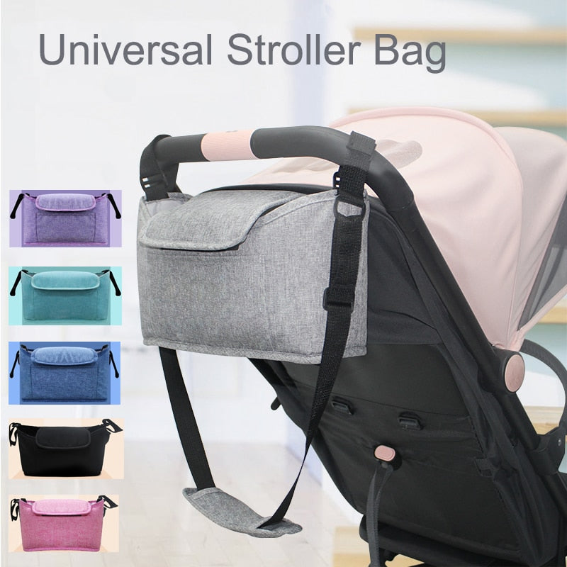 Stylish Stroller Bag in various colors, designed for organizing baby essentials with separate compartments.