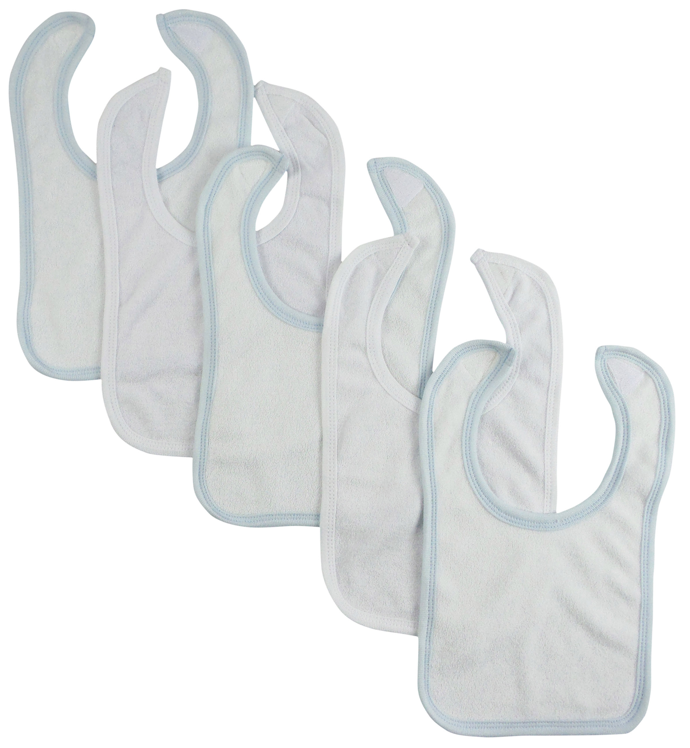 Pack of 5 white drool bibs with blue and white trim, featuring Velcro closure, designed for infant boys to keep them clean during feeding.