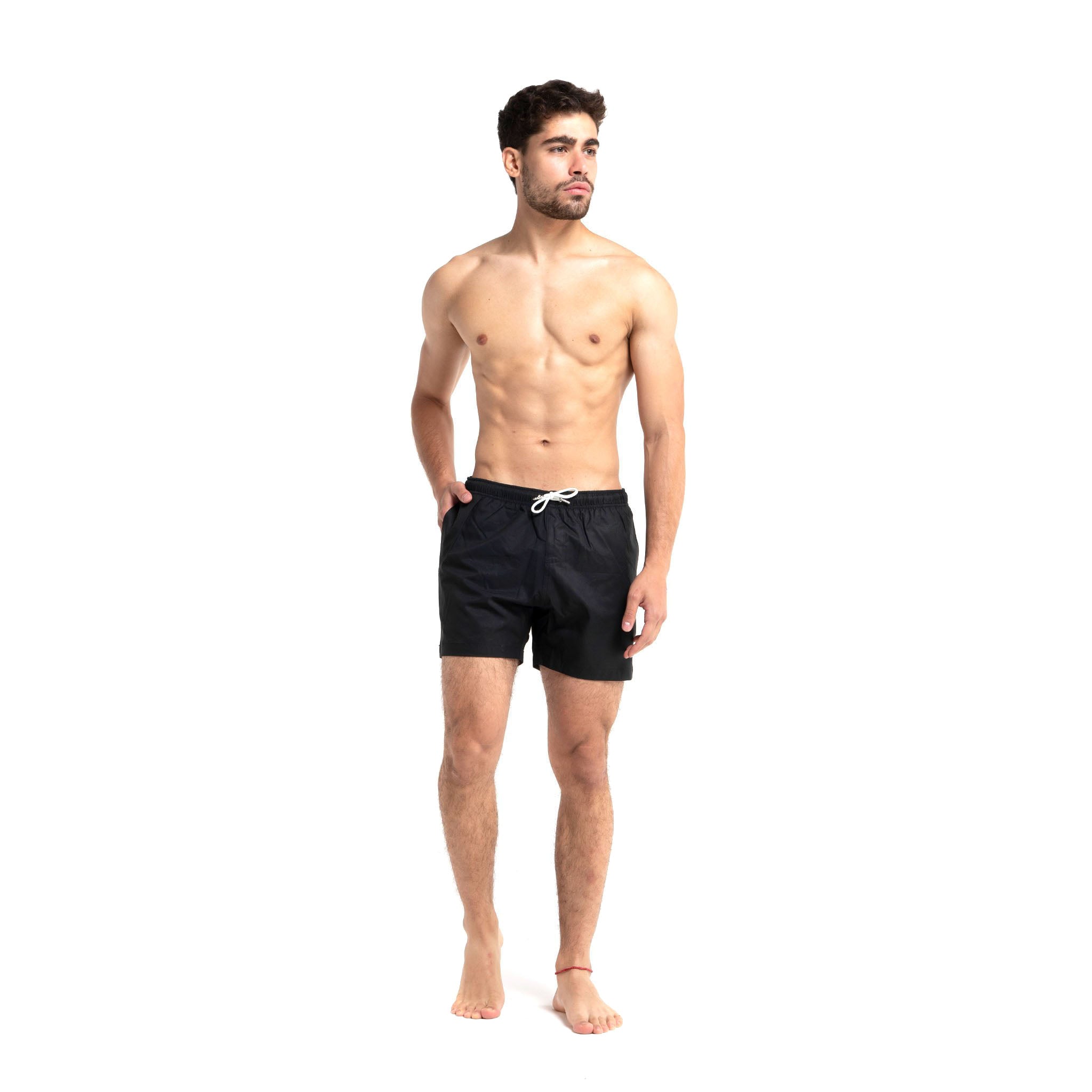 Stylish Black swimwear made from recycled materials, featuring a comfortable mesh liner and advanced water-repellent technology.