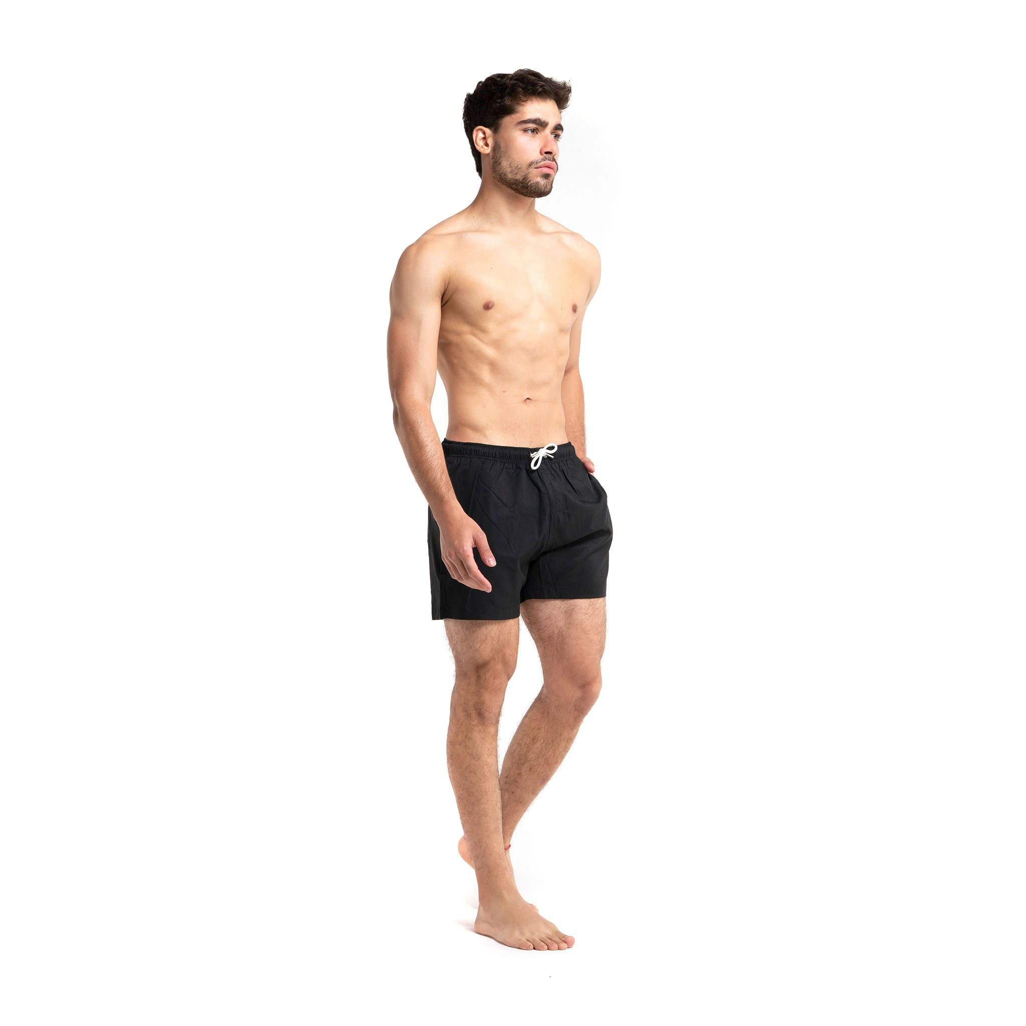 Stylish Black swimwear made from recycled materials, featuring a comfortable mesh liner and advanced water-repellent technology.