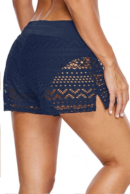 Blue lace shorts swim bottom with attached briefs, featuring an elastic waist and adjustable drawstring for a comfortable fit.