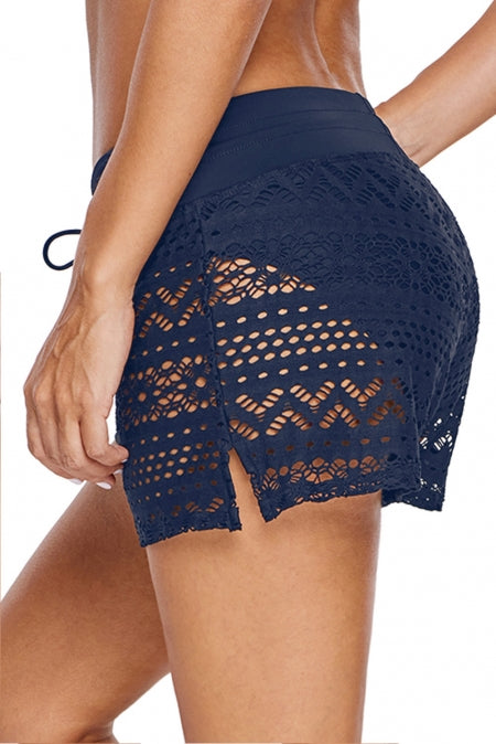 Blue lace shorts swim bottom with attached briefs, featuring an elastic waist and adjustable drawstring for a comfortable fit.