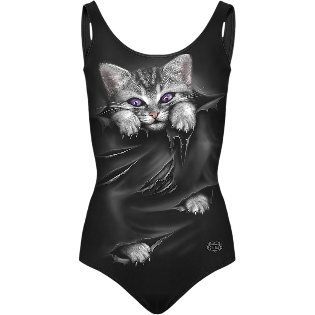 BRIGHT EYES Allover Scoop Back Padded Swimsuit featuring a cute kitten with purple eyes on a slashed top, made from skin-friendly fabric.