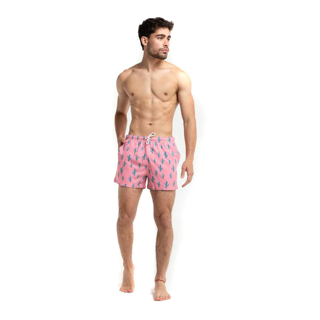 Cactus 2.0 swim trunks featuring a vibrant design, made from recycled materials, showcasing pockets and a comfortable mesh liner.
