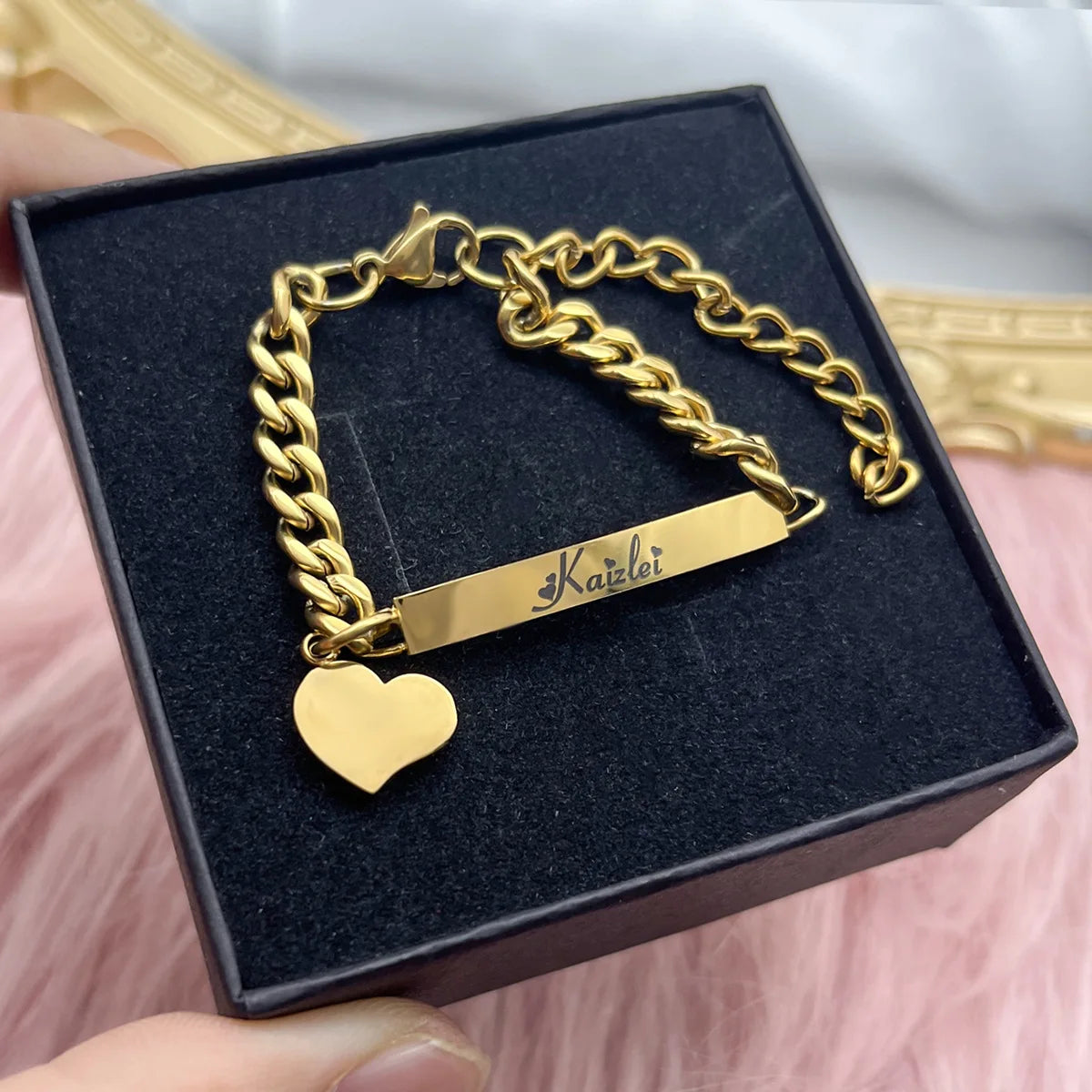 Cute mini personalized jewelry set featuring a heart design, made of stainless steel, includes necklace, earrings, and bracelet in gold, silver, and rose gold.