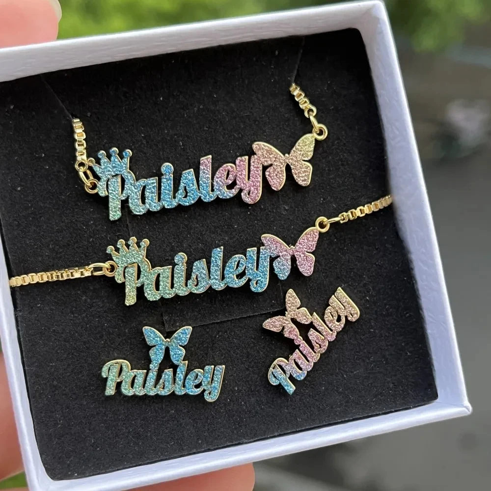 Cute mini personalized jewelry set featuring a heart design, made of stainless steel, includes necklace, earrings, and bracelet in gold, silver, and rose gold.