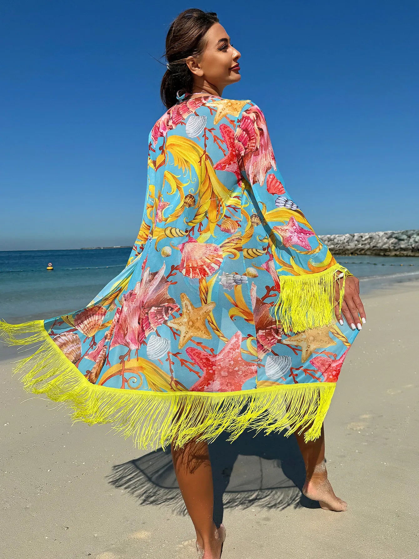 Feely sexy bikini tassel drape three piece set featuring intricate knit weaving and stylish tassel details, perfect for beachwear.