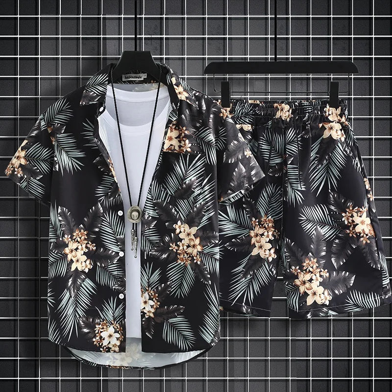 Floral Design Men's Beach Short Set featuring vibrant colors and a stylish mandarin collar, perfect for summer outings.