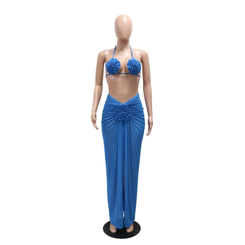 A vibrant three piece swimsuit set featuring a stylish low waist design, made from all-natural materials, perfect for summer beach outings.