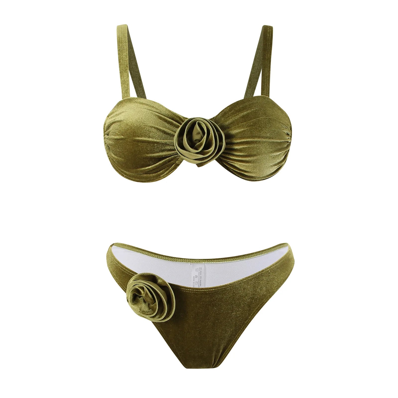 Green flower push up velvet two piece swimsuit featuring a stylish high waist design and wireless support, perfect for summer outings.