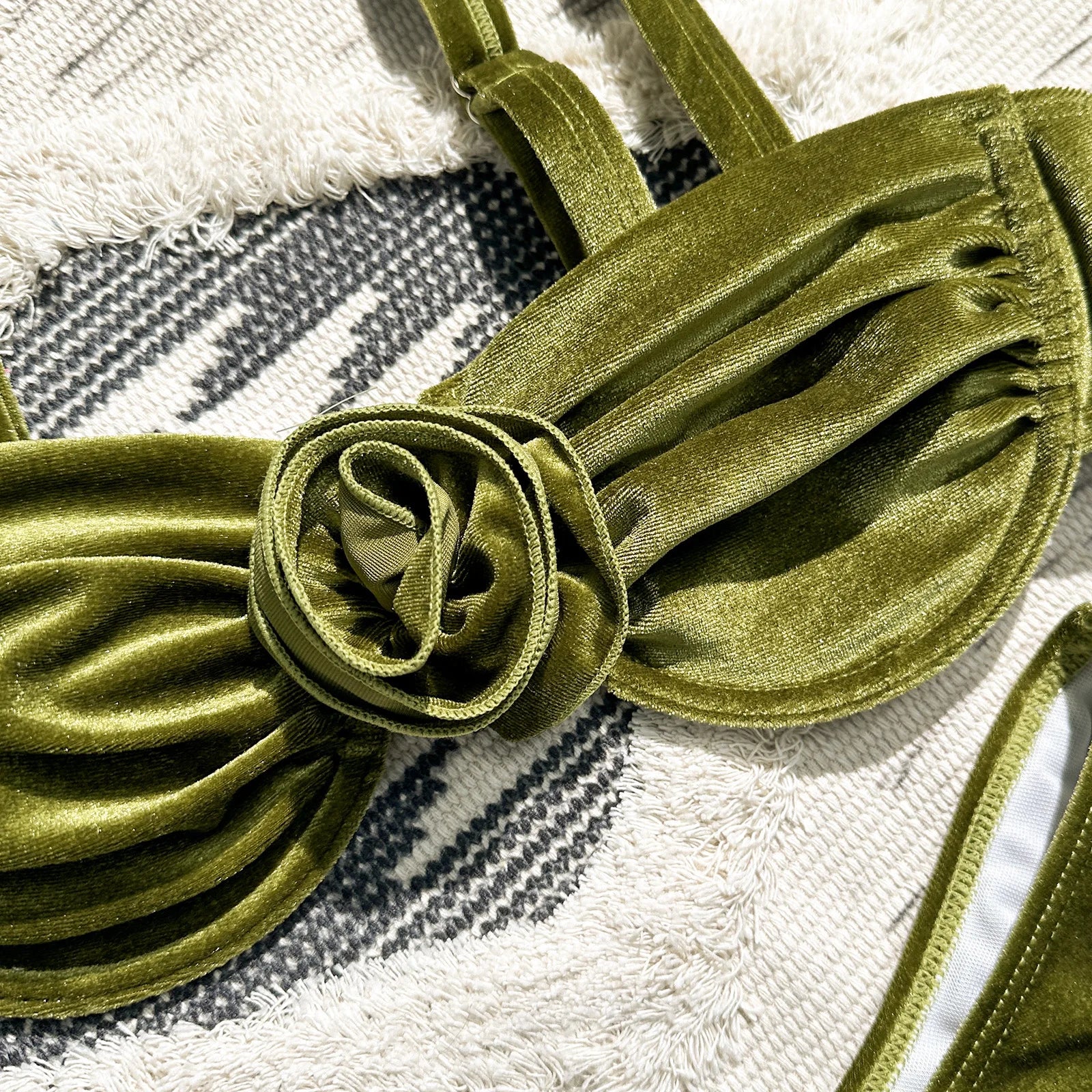 Green flower push up velvet two piece swimsuit featuring a stylish high waist design and wireless support, perfect for summer outings.