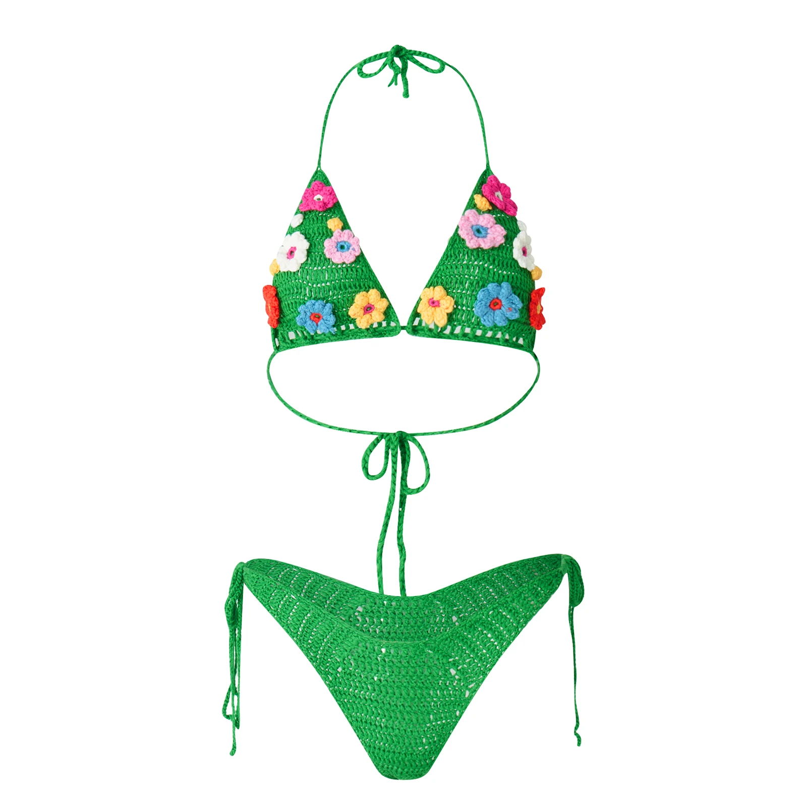 Green Knit Two-Piece swimsuit featuring a floral pattern, designed for comfort and style, perfect for beach days.