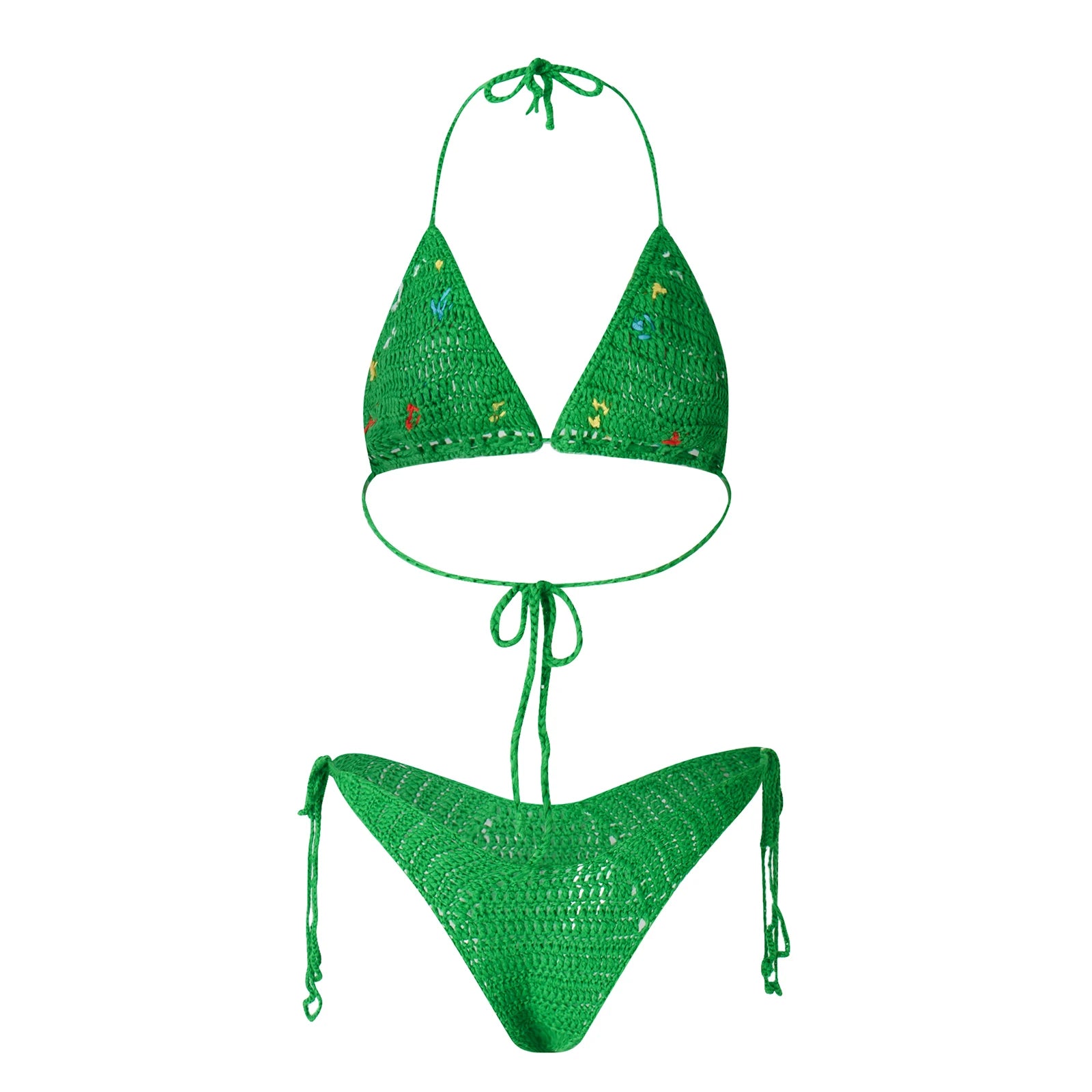 Green Knit Two-Piece swimsuit featuring a floral pattern, designed for comfort and style, perfect for beach days.