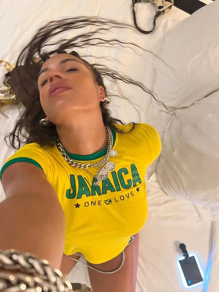 Jamaican bikini shirt top from Sexikinis featuring a slim fit design and elegant O-Neck collar, perfect for summer wear.